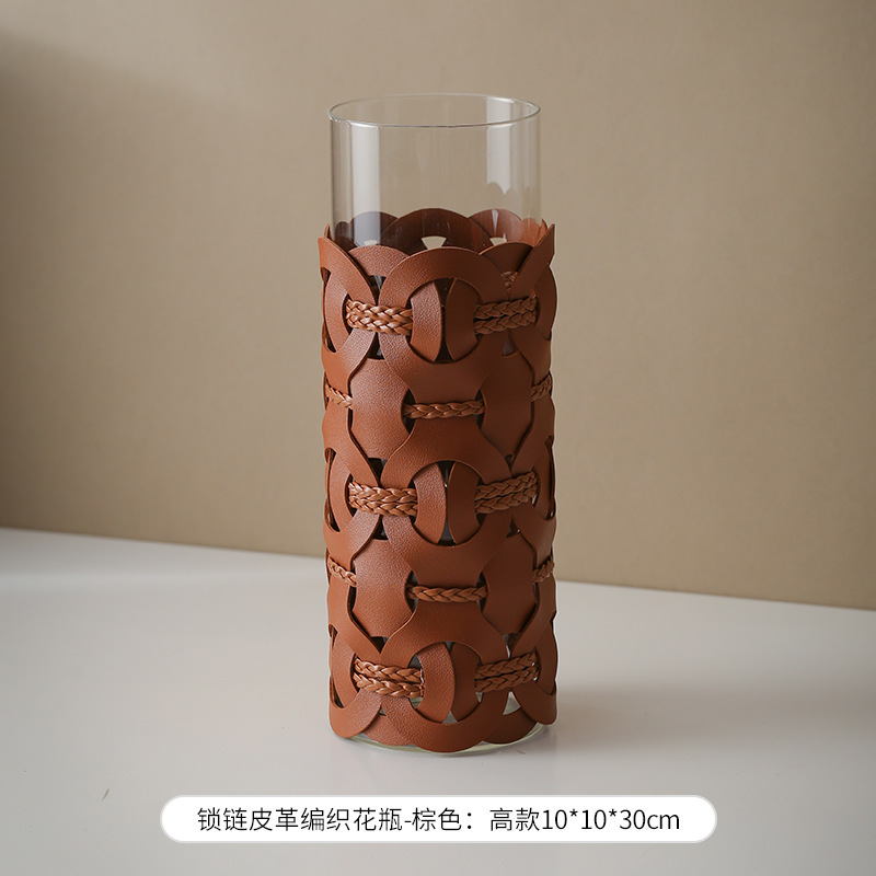 现代轻奢样板间侘寂风皮革编织花瓶售楼处前台软装饰花插花器摆件|undefined