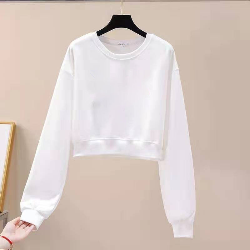 All-Match Short Long-Sleeved Sweatshirt Women's Autumn Loose Casual High Waist Korean Style Slimming Pullover Round Neck Thin Top for Women All-Match Short Long-Sleeved Sweatshirt Women's Autumn Loose Casual High Waist Korean Style Slimming Pullover Round Neck Thin Top for Women
