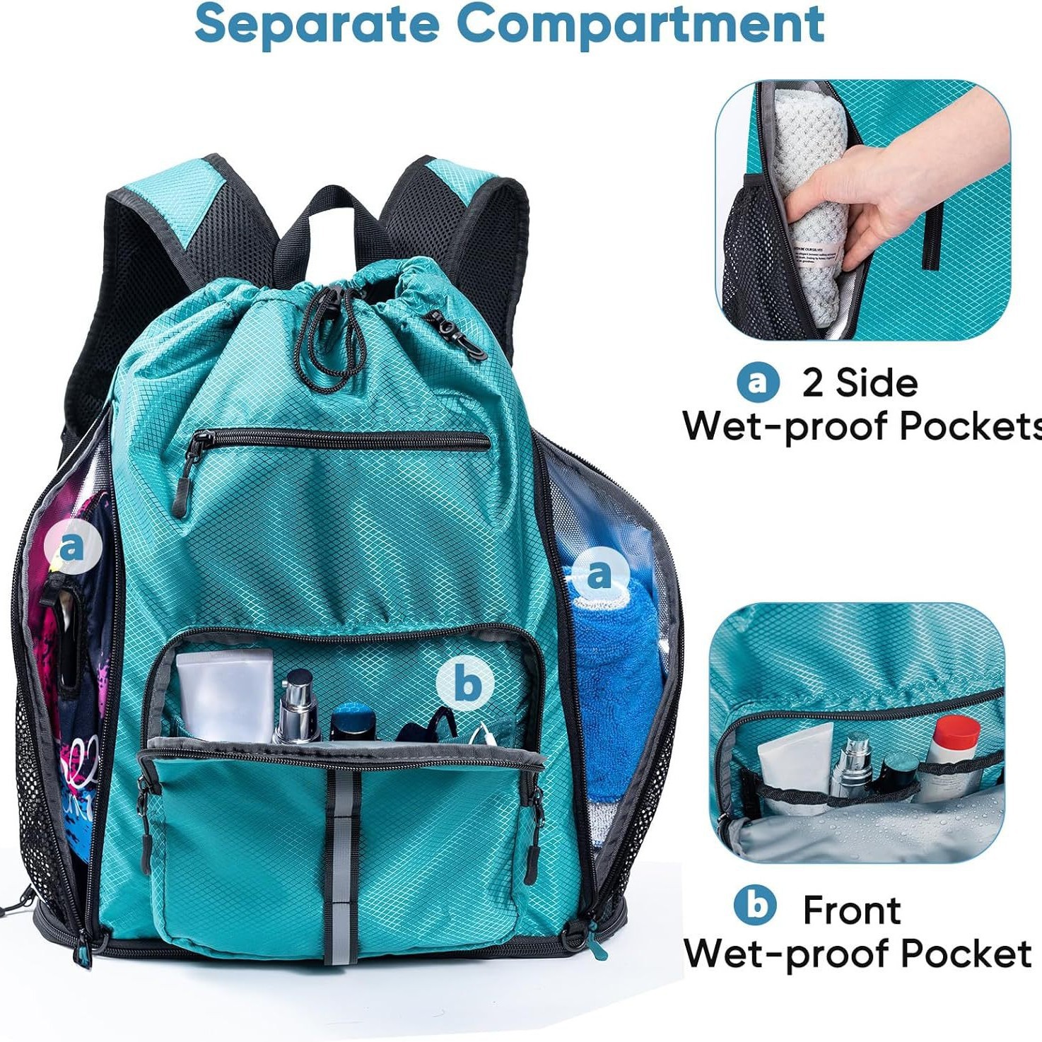 Large Beach Backpack Waterproof and Sandproof - Extra Large Drawstring Pool Bag with Shoe Compartment, Can Hold Toiletries