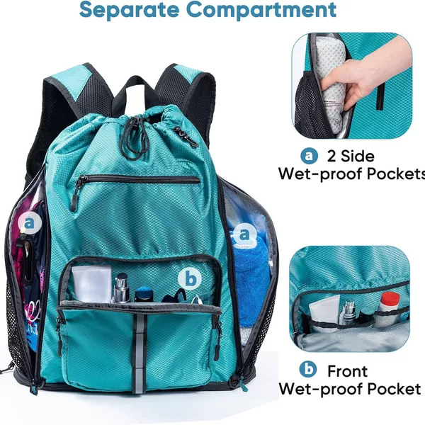 Large Beach Backpack Waterproof and Sandproof - Extra Large Drawstring Pool Bag with Shoe Compartment, Can Hold Toiletries