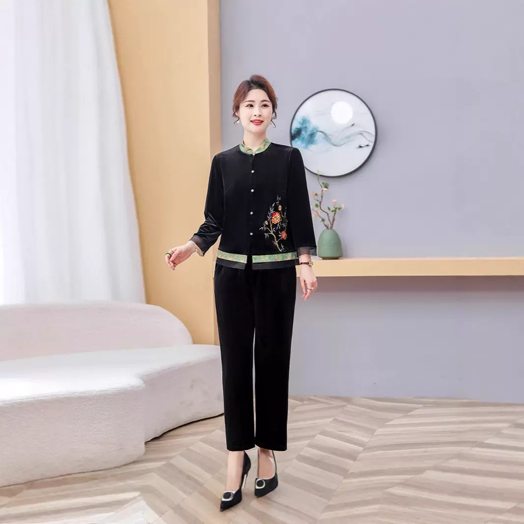 新中式妈妈秋装金丝绒套装复古刺绣长袖上衣裤子两件套中老年女装