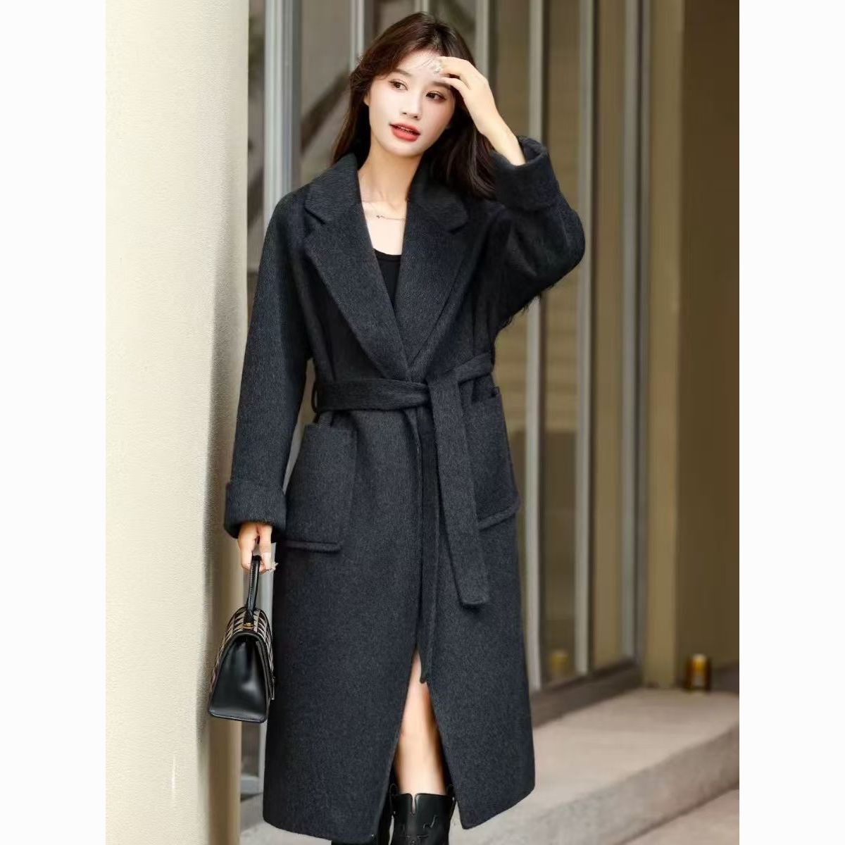 双面羊绒大衣2025新款大码宽松中长款收腰兔毛羊毛呢子外套女