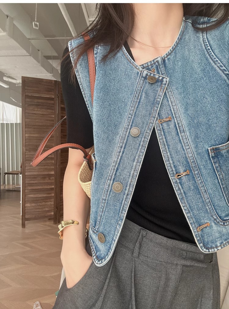 Áo vest denim nữ ngắn tay rộng rãi phong cách thời trang xuân hè — Xanh denim chi tiết 8
