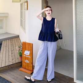 韩系松弛感荷叶边无袖背心套装女夏季2026年新款条纹阔腿裤两件套