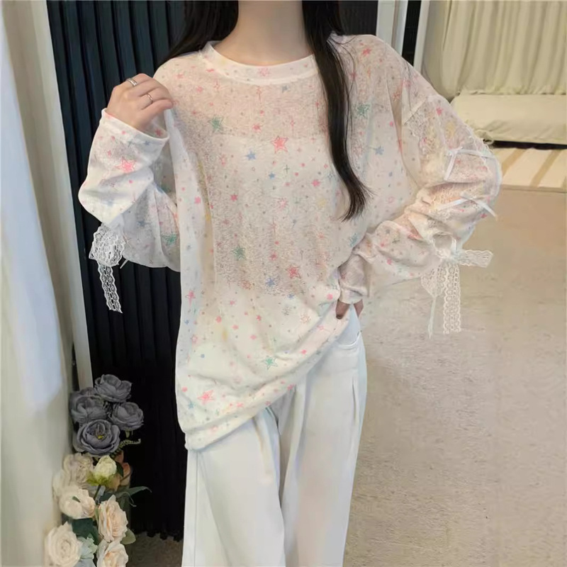2026 Summer Thin Bowknot Long Sleeve Sun Protection T-Shirt for Women, Summer Design Print Loose Cover-Up Top