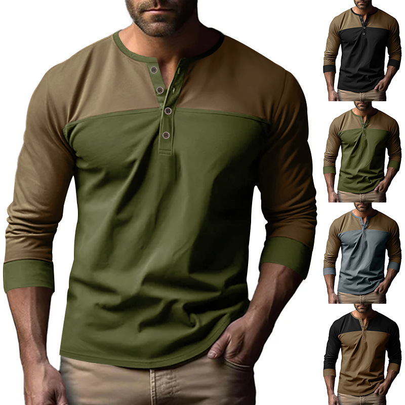 Monochrome Man- 2024 Autumn New European Size American Retro Color Block Henry Collar Base Shirt Men's Long Sleeve T-Shirt_viptrois.com