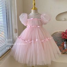女童夏季连衣裙2024新款洋气儿童时髦泡泡袖网纱裙甜美气质公主裙