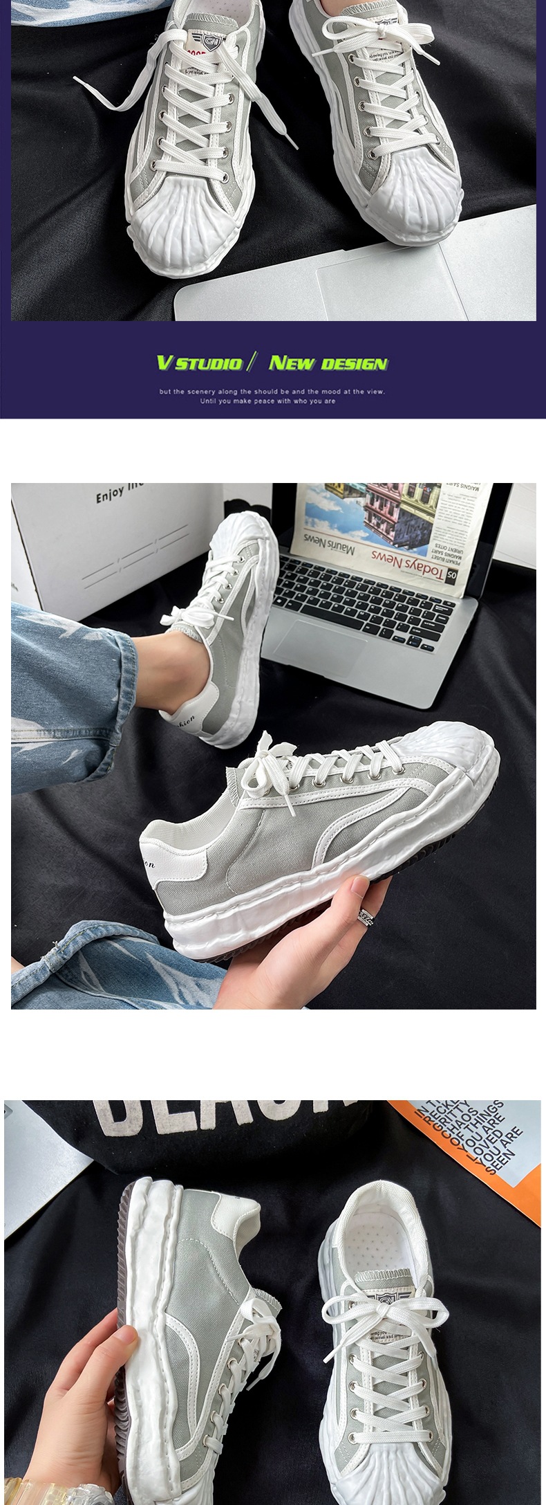 Canvas Dissolver Shoes, Seashell Headwear, Hong Kong Style, Summer, Breathable, Casual, Sneakers, Youth Street Style, Big Toe Shoes_voghion.com