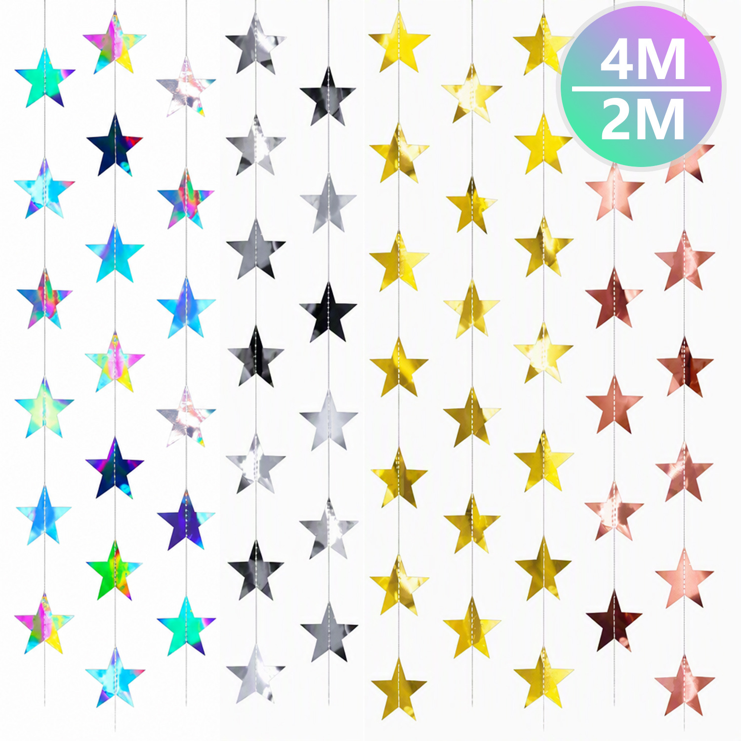 4m Glossy Five-Pointed Star Paper Garlands for Children's Birthday Party Decorations, Ready-Made Star Room Hangings
