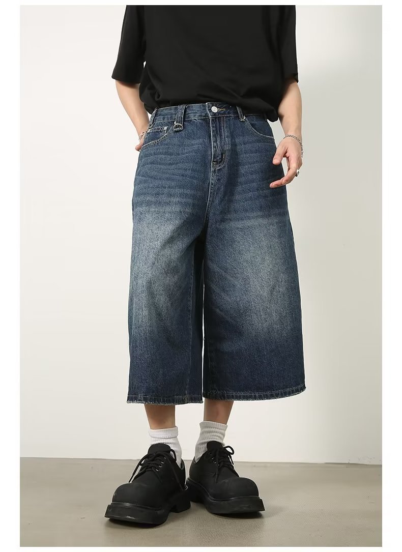 Short en jean court pour homme, coupe droite ample, bleu délavé, style rétro américain, idéal pour l'été._voghion.com