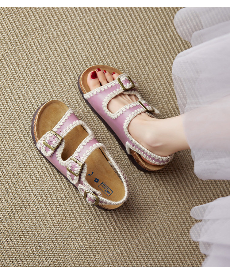 Dép sandal nữ hở mũi da bò đế dày phong cách Birkenstock — tím chi tiết 1