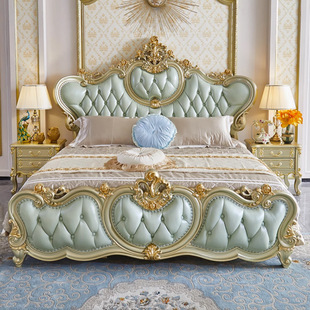 European-style bed carved solid wood 1.8 m double bed master bedroom queen bed widened 2 m 2.2 m leather French wedding bed