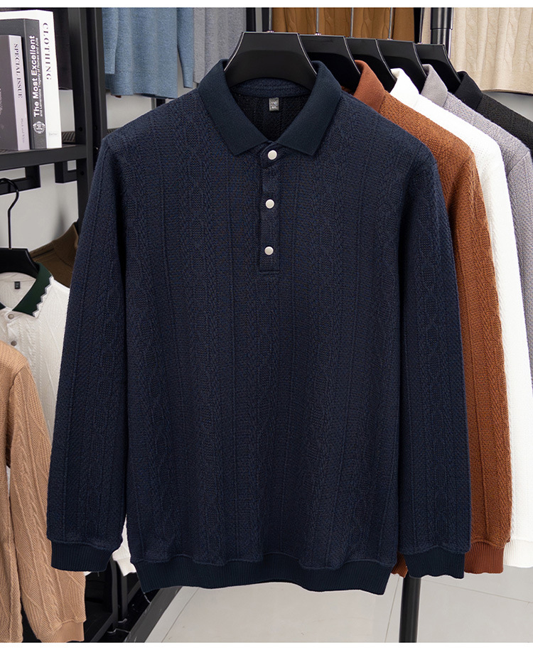 Otoño e invierno engrosado de manga larga de hombre con solapa polo nuevo jersey jacquard de punto de mediana edad hombre suéter simple