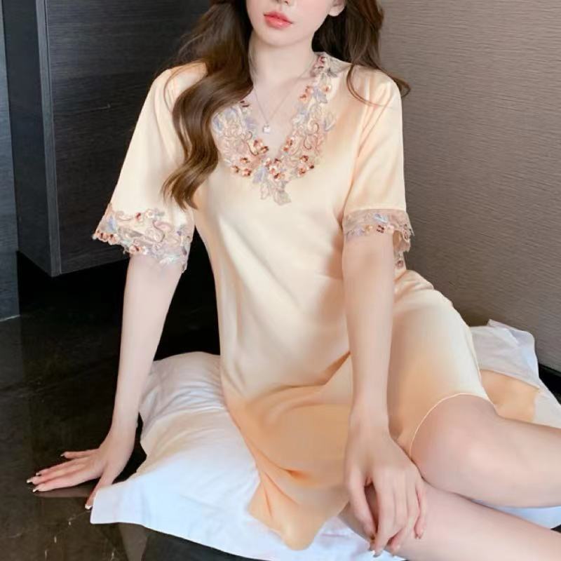 丝绸睡裙家居服女冰丝睡裙夏季网红连衣裙高贵五彩花边家居服批发
