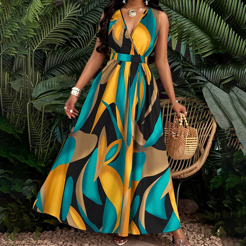 Women's Gender Printing Design Elegant, Sexy, Tropical Style Wholesale Women's Elegant Sexy Tropical Printing Printing Family Gathering Travel Beach V Neck Sleeveless A- Line Skirt