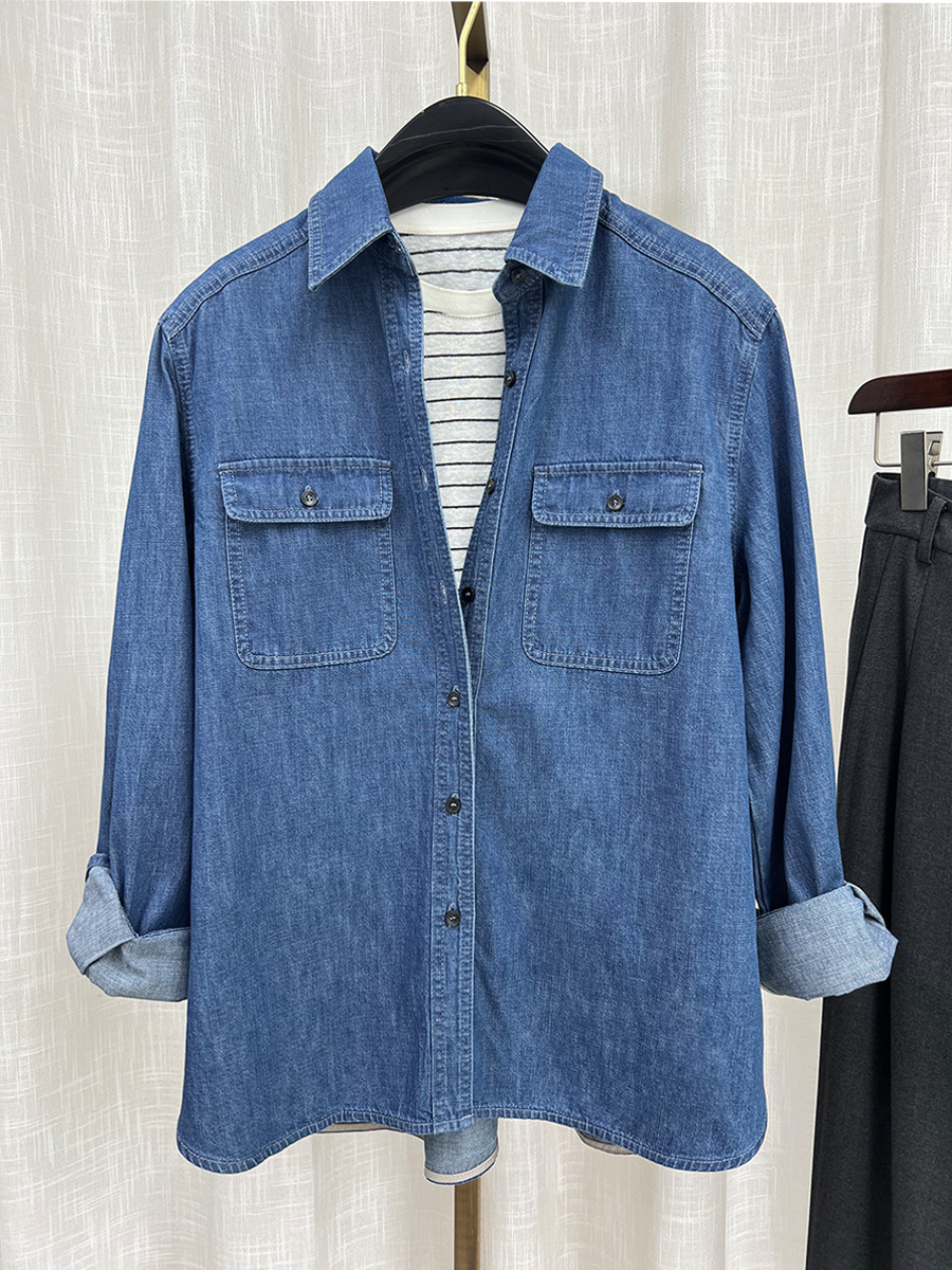 Áo sơ mi denim phong cách Hồng Kông cổ điển dáng rộng, mặc nhiều lớp — màu xanh