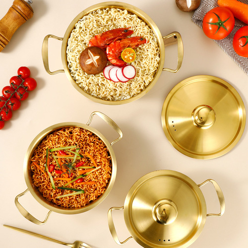 Stainless steel gold-colored Korean-style instant noodle pot with dual ears, thickened for universal stove use, wholesale seafood and lobster dry pot