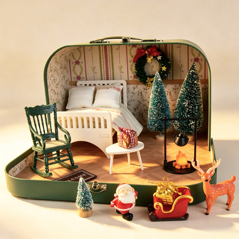 Green suitcase Christmas dollhouse pretend play gift box mini miniature wooden house furniture scene set gift box Green suitcase Christmas dollhouse pretend play gift box mini miniature wooden house furniture scene set gift box
