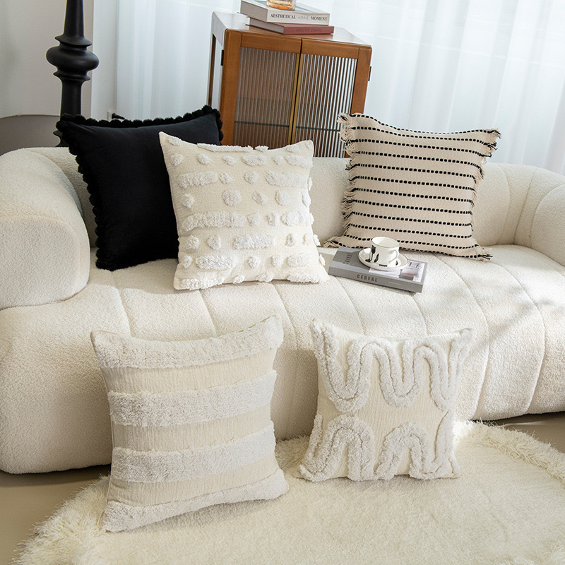 Cream lienzo bordado funda de almohada estilo nórdico ligero lujo cojín de sofá geométrico decoración de hoteles residencial funda de almohada