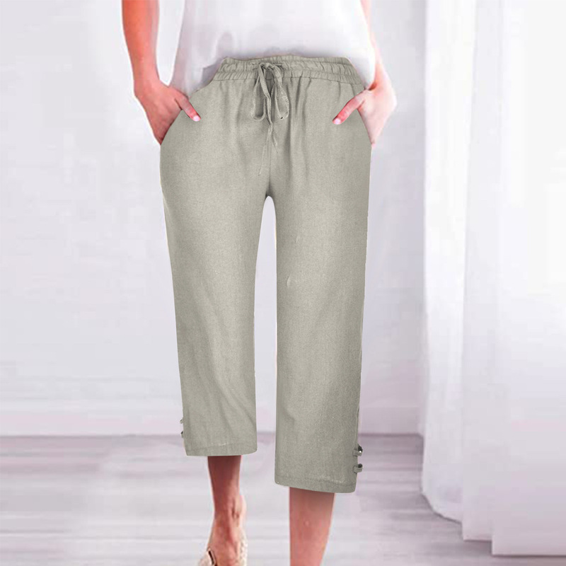 Foreign Trade Cross-border Summer and Autumn New Women's Loose Breathable Linen Cropped Pants Side Pocket Foot Split Casual Pants