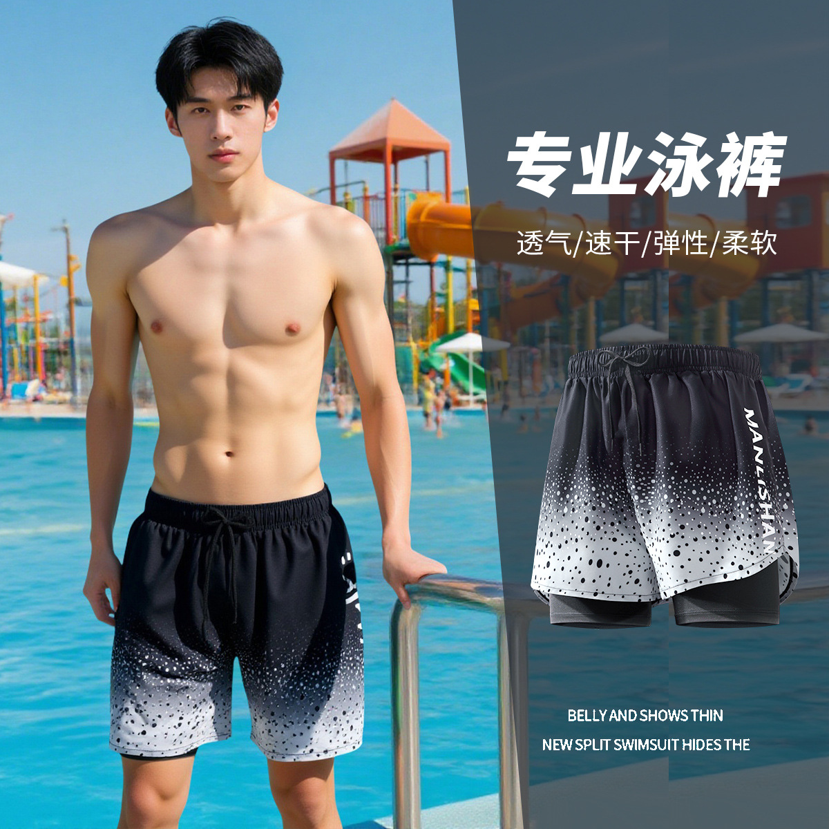 2025 New Summer Adult Men's Swimming Trunks Double Layer Anti-Embarrassment Men's Swimsuit Large Loose Swimming Trunks Wholesale