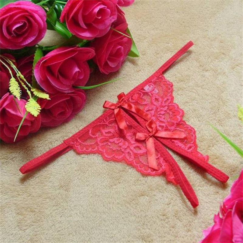 Open-Crotch Lace Thong Panties, Sheer Polyester Women’s Lingerie, One Size Pink — detail image 14