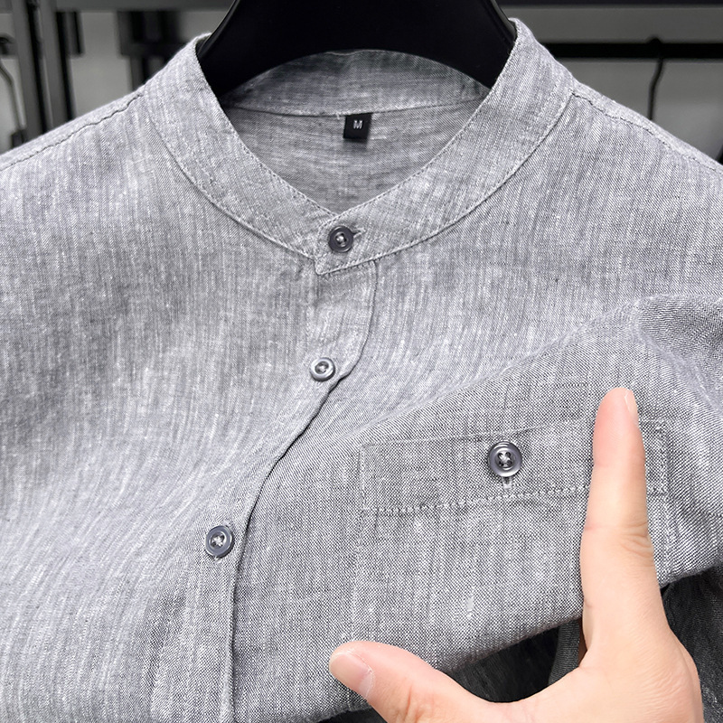 100% リネン半袖 Tシャツメンズシャツ無地スタンドカラー夏の新しい中国風の若者と中年のシャツ薄いスタイル|undefined
