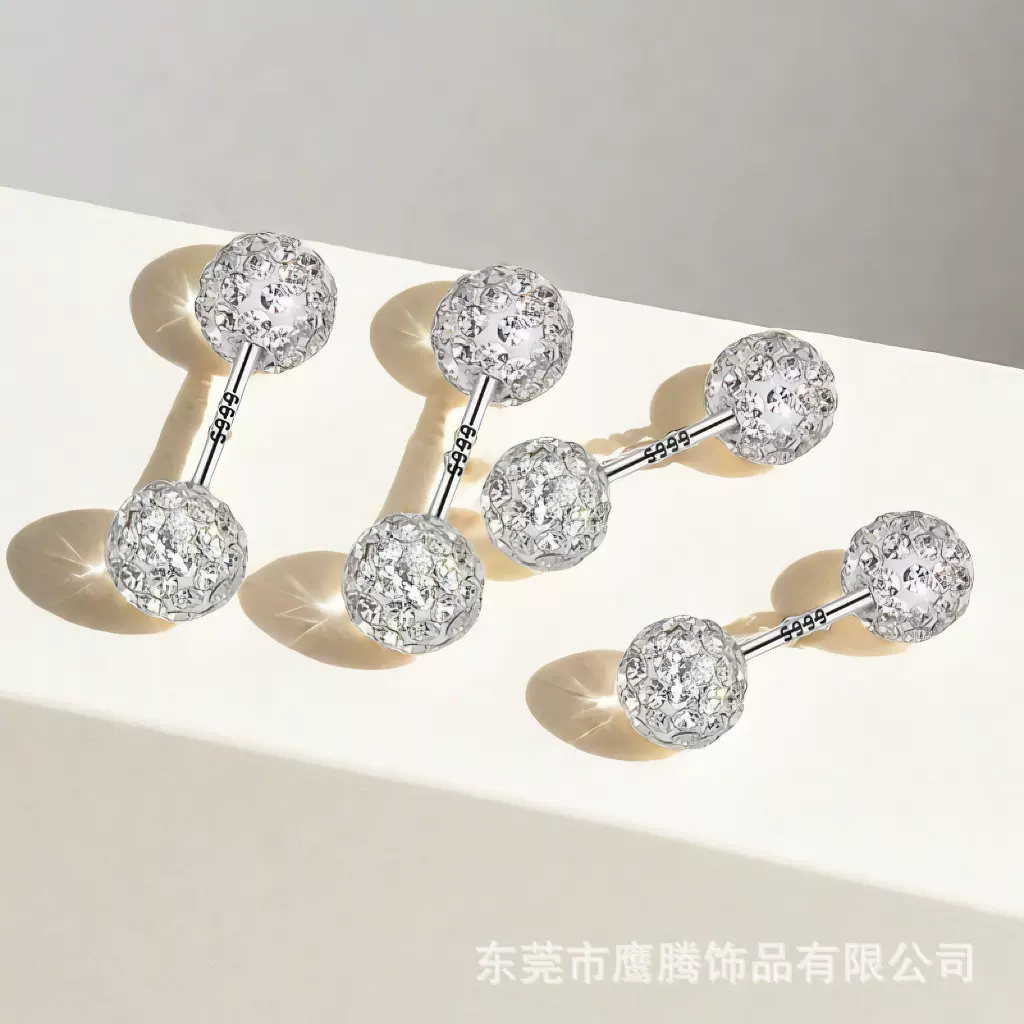 爆闪满钻双球s999纯银耳钉 闪钻水钻银耳环百搭简约韩版耳饰品