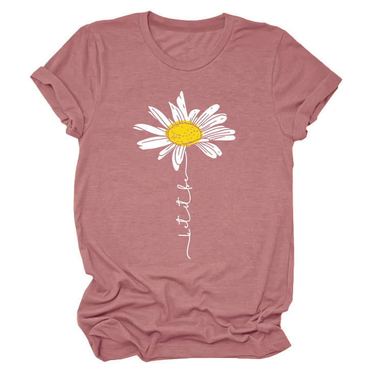 LET IT BE DAISY carta casual manga corta Amazon europeo y americano de las mujeres Top cuello redondo Camiseta suelta