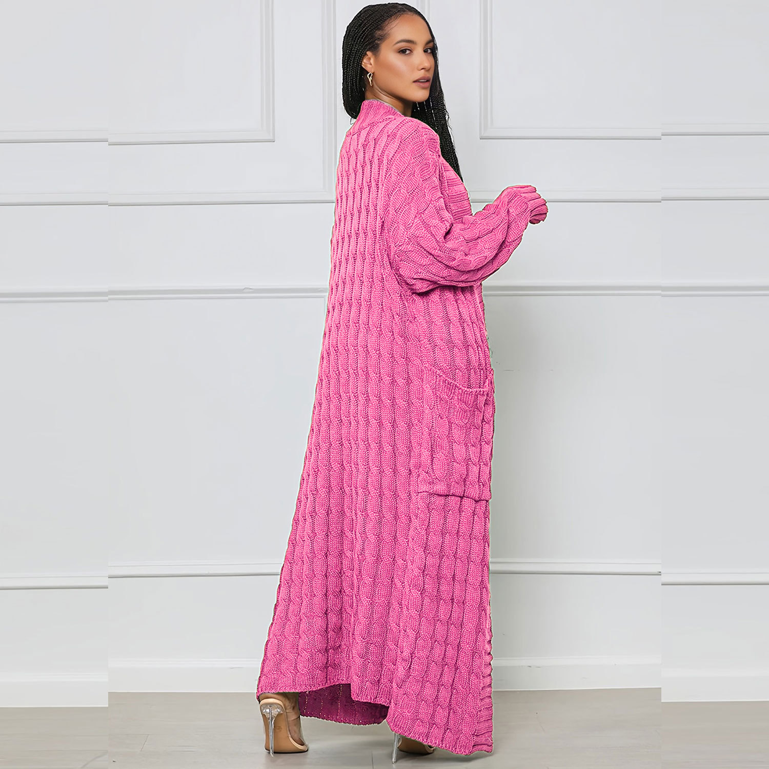 Damen Strickjacke Lang Aus Grobstrick In Unifarben Wintermantel_voghion.com