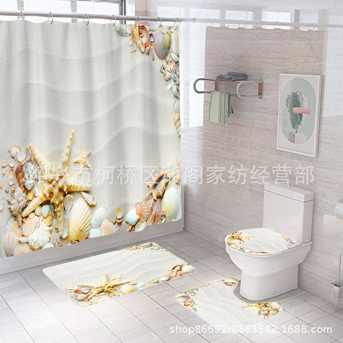 Bathroom curtain polyester 3D printed shower curtain waterproof shower curtain starfish scenery shower curtain set anti-slip mat four-piece set