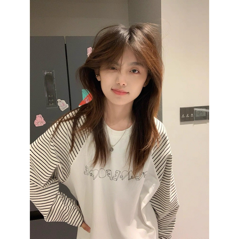 美式复古学院风条纹撞色长袖t恤女秋季宽松慵懒风百搭打底衫上衣|undefined
