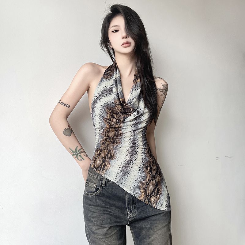 2025 Fashion Ins Personalized Snake Pattern Neck Swinging Collar Vest Women Slimming Irregular Hot Girls Trendy Top