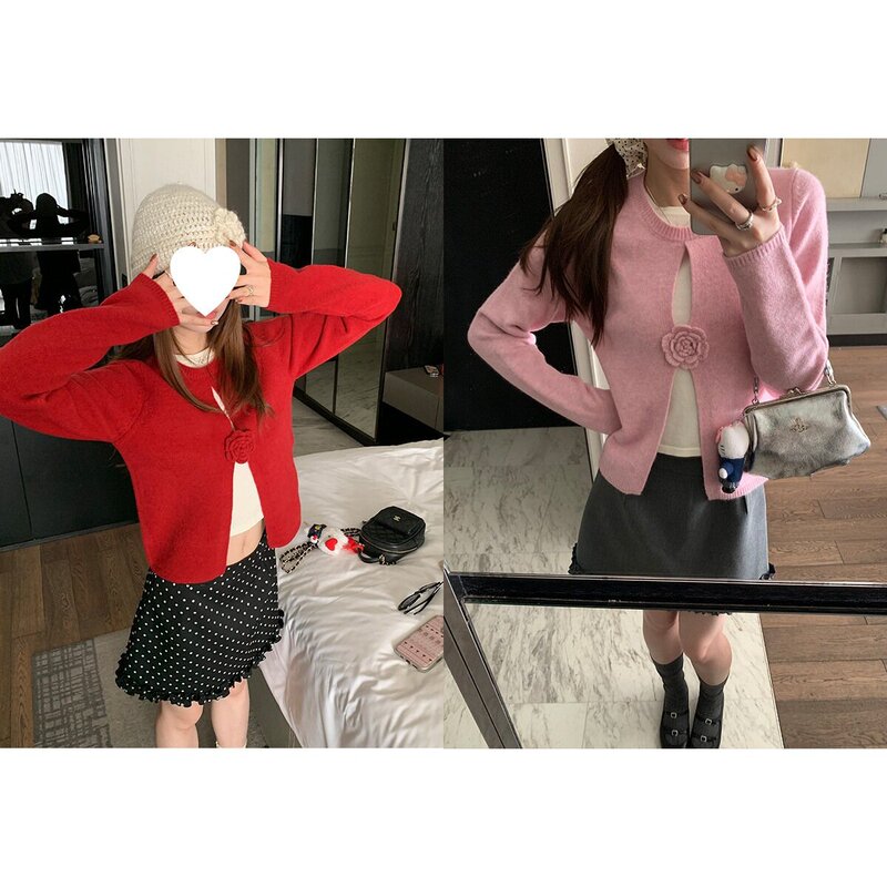 【现货】im向 捕梦少女立体手工钩花山茶花假两件针织衫女春撞色|undefined