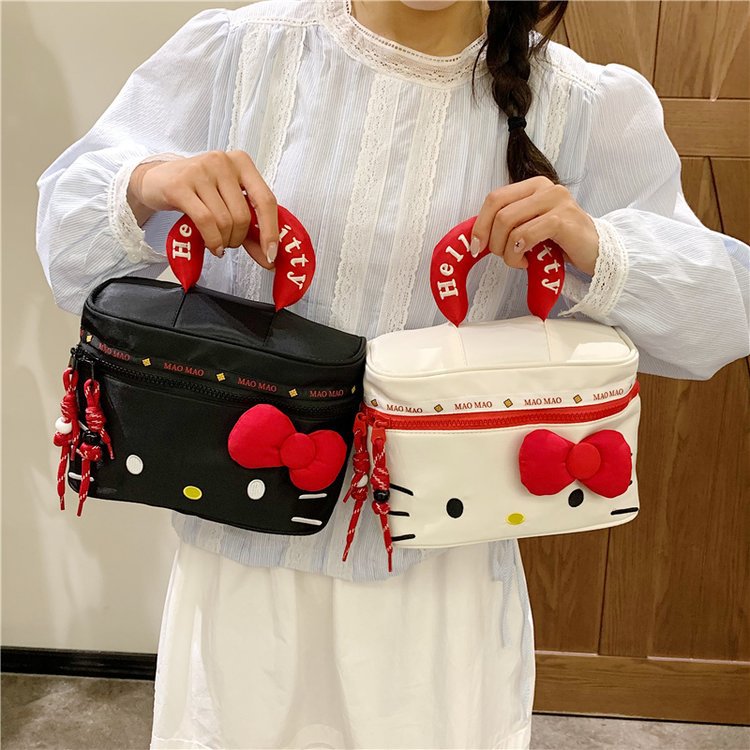 Cross-Border New Korean Style Niche Fashion Bowknot Mini Storage Bag Black Cartoon Hello Kitty Portable Makeup Bag