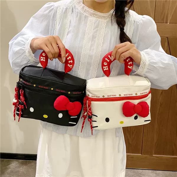 Cross-Border New Korean Style Niche Fashion Bowknot Mini Storage Bag Black Cartoon Hello Kitty Portable Makeup Bag