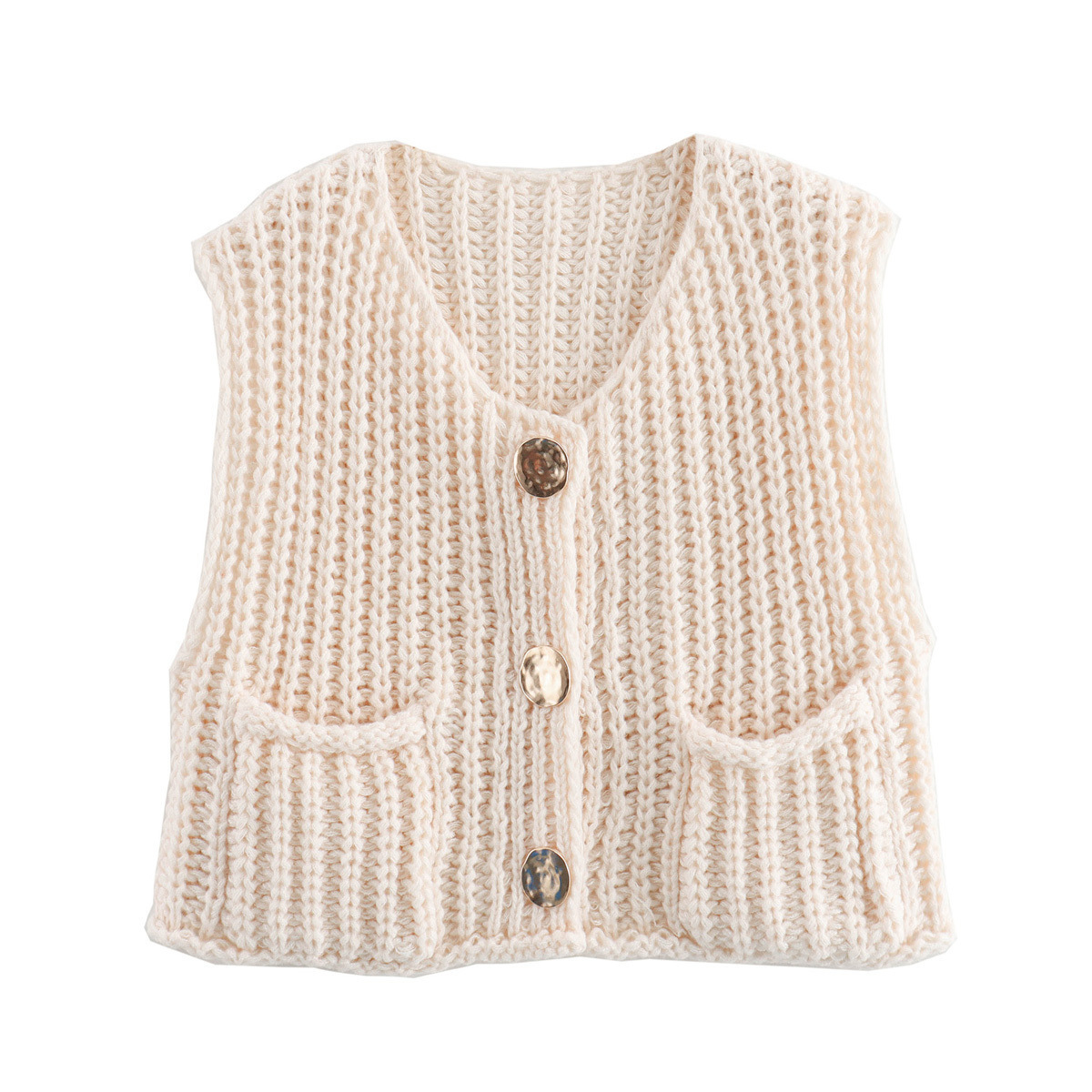 Venta rápida explosión de otoño y invierno 2024 nueva ropa de mujer bolsillo de estilo europeo y americano sin mangas chaleco de punto corto cardigans chaleco