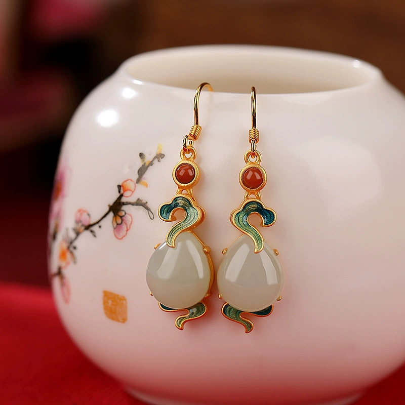 壹鹿银 Red retro earrings jade, silver 925 sample