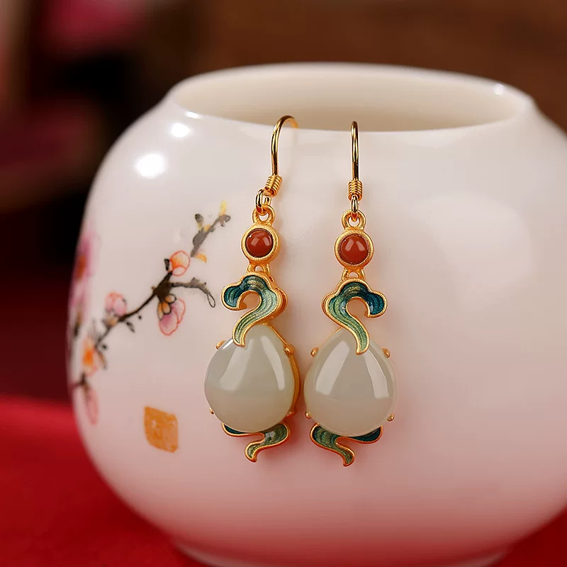 壹鹿银 Red retro earrings jade, silver 925 sample