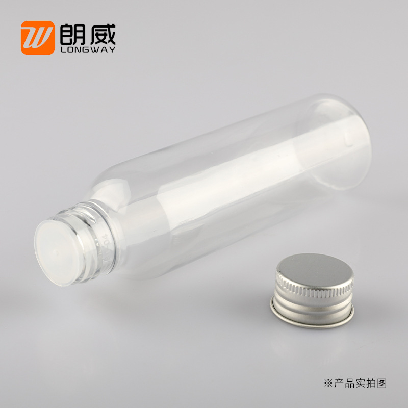 Langwei 120ml hombro redondo botella de cubierta de aluminio dorado botella de plástico cosmético sub-embalaje botella de rocío puro botella de cubierta de aluminio para mascotas