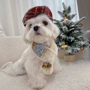 Corduroy Series # Sea Salt Blue Plaid Autumn and Winter Family Pet Scarf for Small and Medium-Sized Dogs and Cats to Keep Warm in Winter