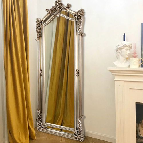 Full-Length Mirror with European Carved Scrollwork Vintage Dressing Mirror, Salon Full-Length Mirror, PU Floor Mirror