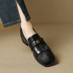 百搭时尚真皮马毛粗跟乐福鞋女山茶花单鞋2025春季新款低跟小皮鞋