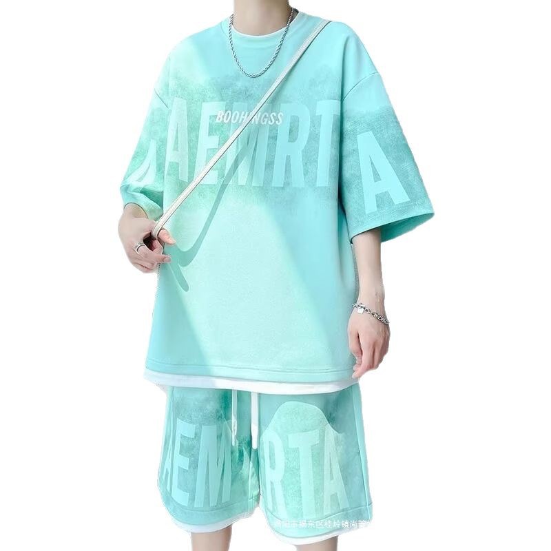 Teenager English Short-sleeved T-shirt with Shorts Fashion Brand Summer plus size Handsome Casual Sports suit Men