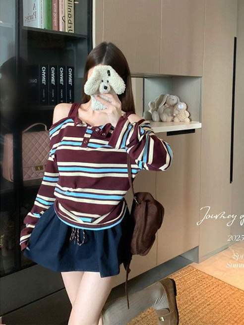 韩系撞色条纹拼接一字肩长袖T恤女2025秋季新款心机小众别致上衣|undefined