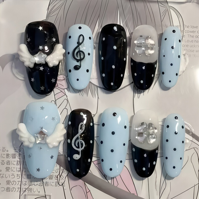 Xiaohongshu Sweet Cool Spicy Girl Blue and Black Color-Blocking Winged Nail Art Handmade Brightening Nail Tips with Hearts, Stars, and Musical Notes Xiaohongshu Sweet Cool Spicy Girl Blue and Black Color-Blocking Winged Nail Art Handmade Brightening Nail Tips with Hearts, Stars, and Musical Notes