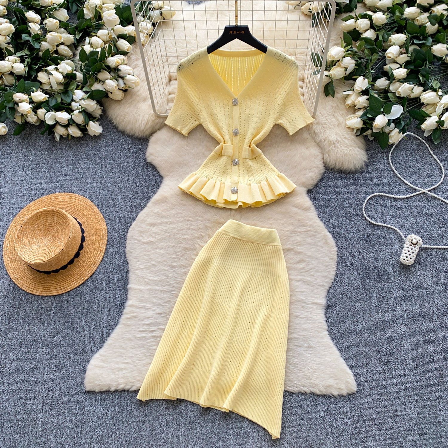 Women's French Style Pink Knit Two Piece Set V Neck Fitted Waist Ruffled Hem Summer Fashionable Elegant Suit_ecoleips.com