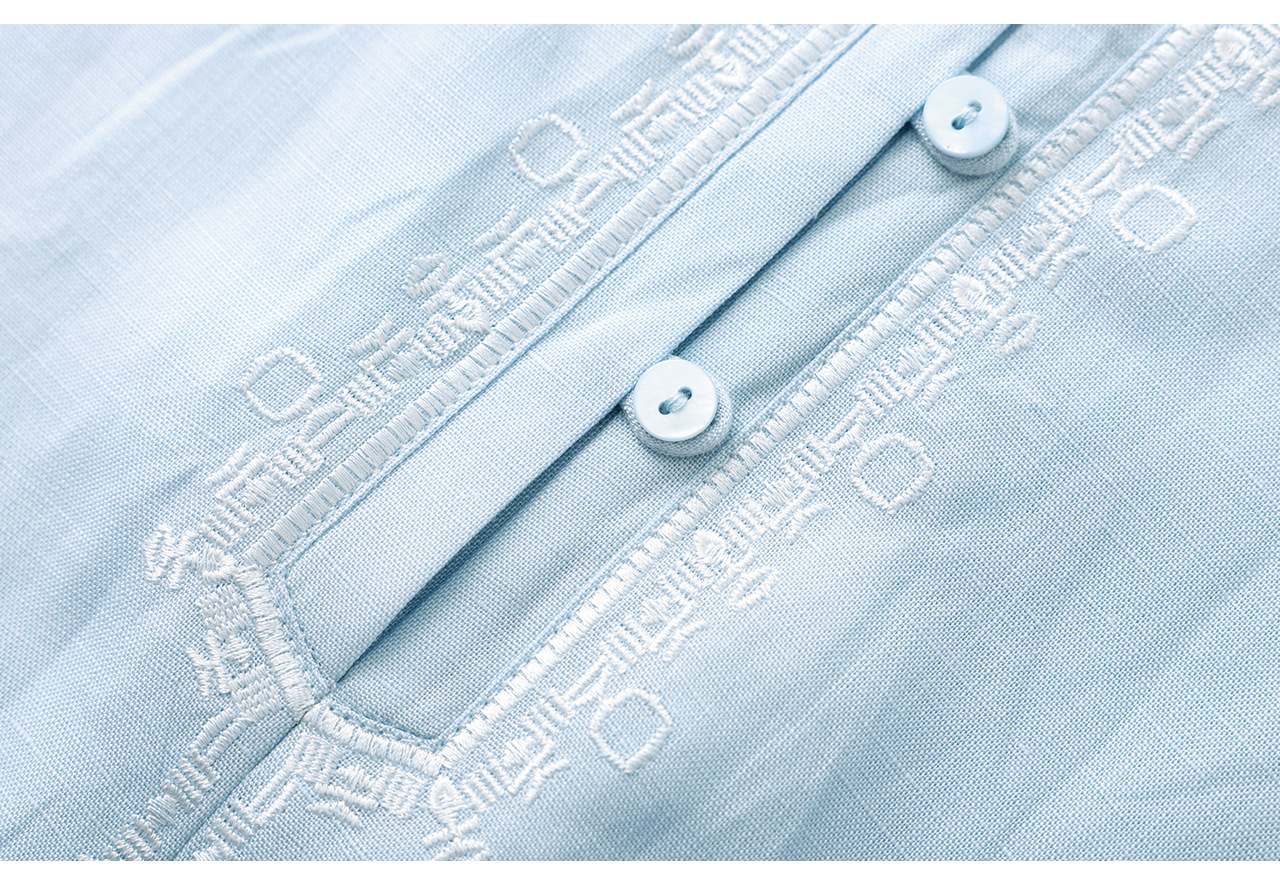 Áo sơ mi nữ chất liệu linen phối màu tay ngắn phong cách Pháp — màu xanh nhạt chi tiết 26