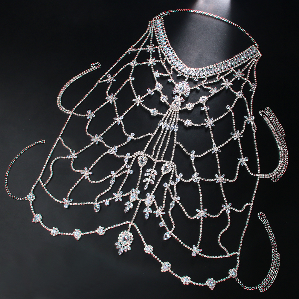 AliExpress Venta caliente rhinestone Cadena de pecho europeo y americano sexy exagerada malla bikini cuerpo cadena accesorios cadena
