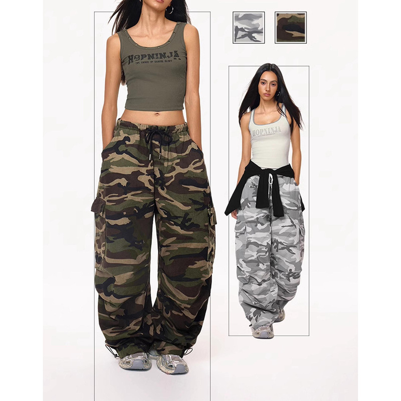 Cross-Border Foreign Trade Camouflage Workwear Casual Pants Women's American Retro High Street Loose Versatile Wide-Leg Long Pants Ins